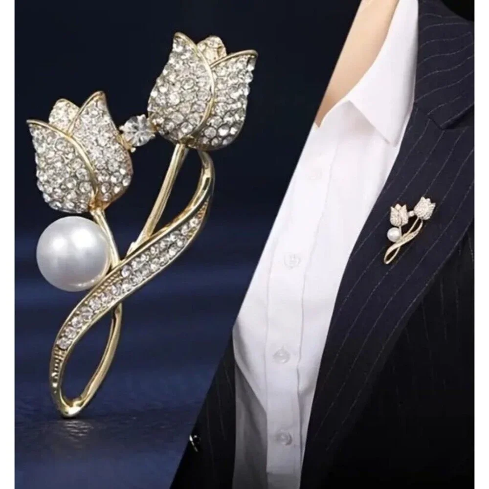 Gold Rhinestones Tulip FLOWER Pearl Brooch Flowers Tulips